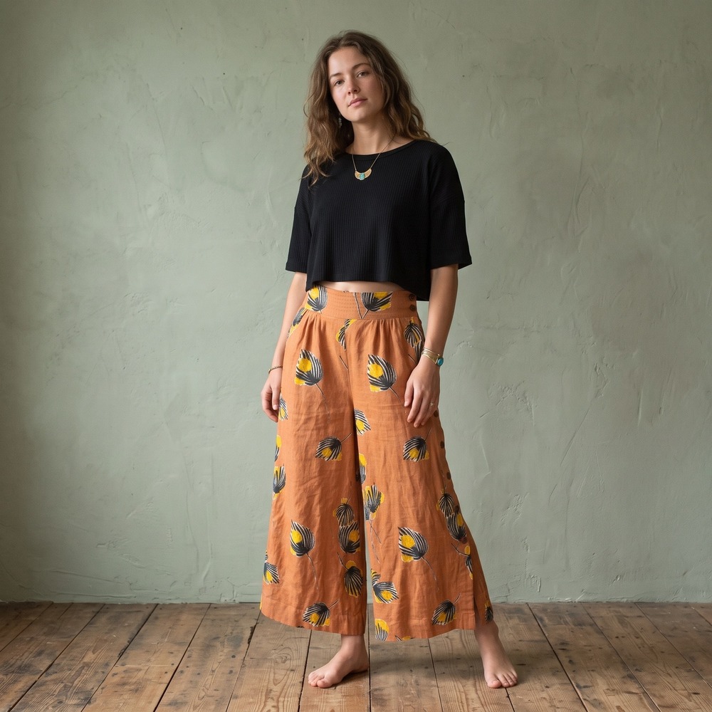 Anthropologie Bel Kazan Womens Pants Small Orange Floral Rayon Linen Wide Leg